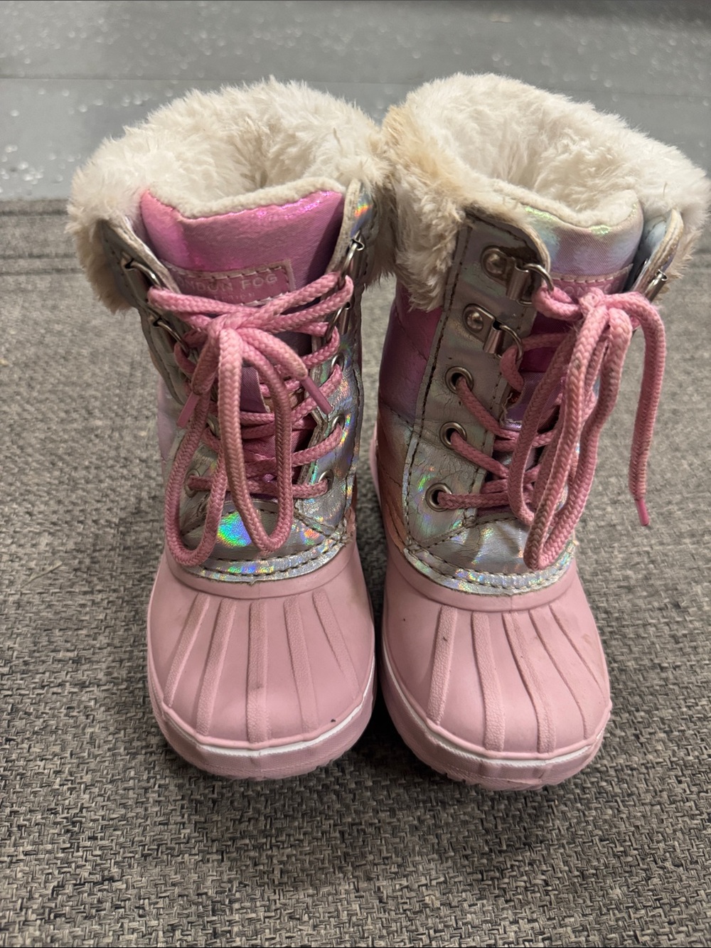 London Fog Girls Pink Faux-Fur Lined Winter Boots with Iridescent Accents